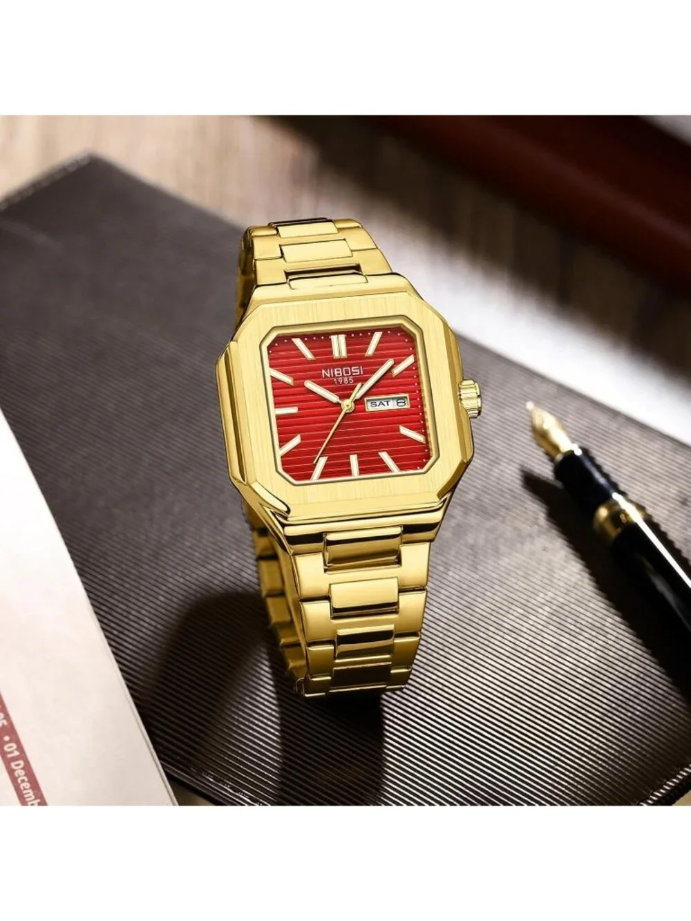 Nibosi Men's Gold Red Analog Quartz Stainless Steel Waterproof Date Square Watch